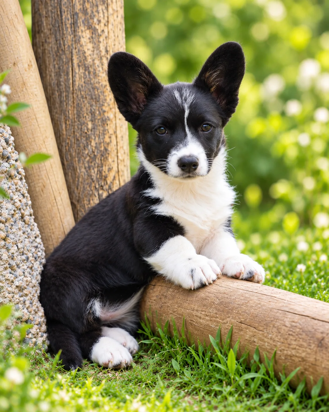Cachorro corgi negro y blanco apoyado en un tronco de madera. Galería de octubre de 2026 de Von Konigin.