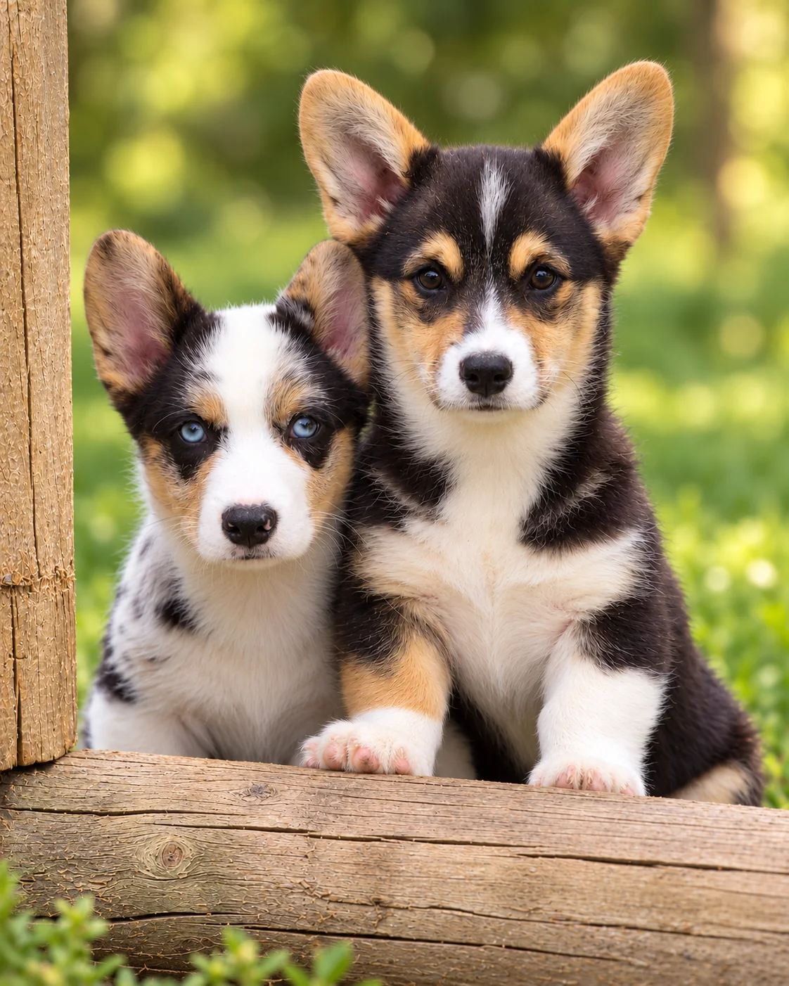 Dos cachorros corgi junto a una cerca de madera, galería de la camada de octubre de 2026
