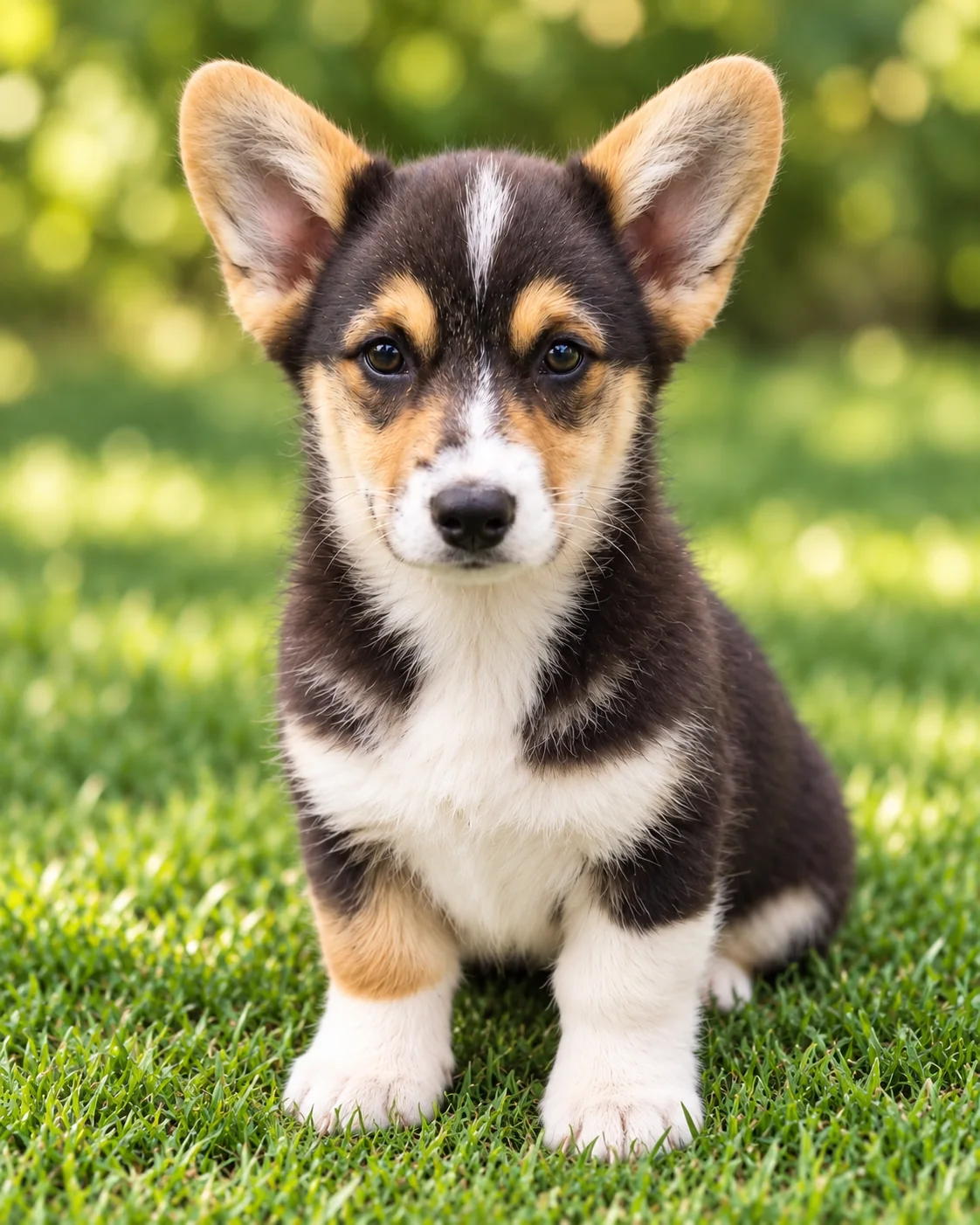 Cachorro corgi tricolor sentado sobre el césped. Galería de octubre de 2026 de Von Konigin.