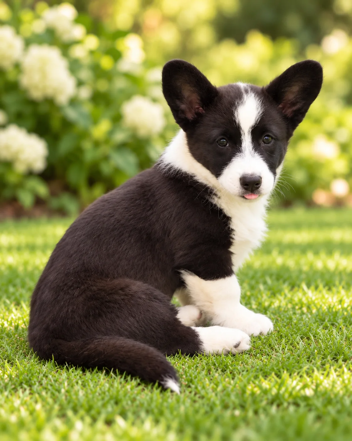 Cachorro corgi negro y blanco mirando hacia atrás en el jardín. Galería de octubre de 2026 de Von Konigin.