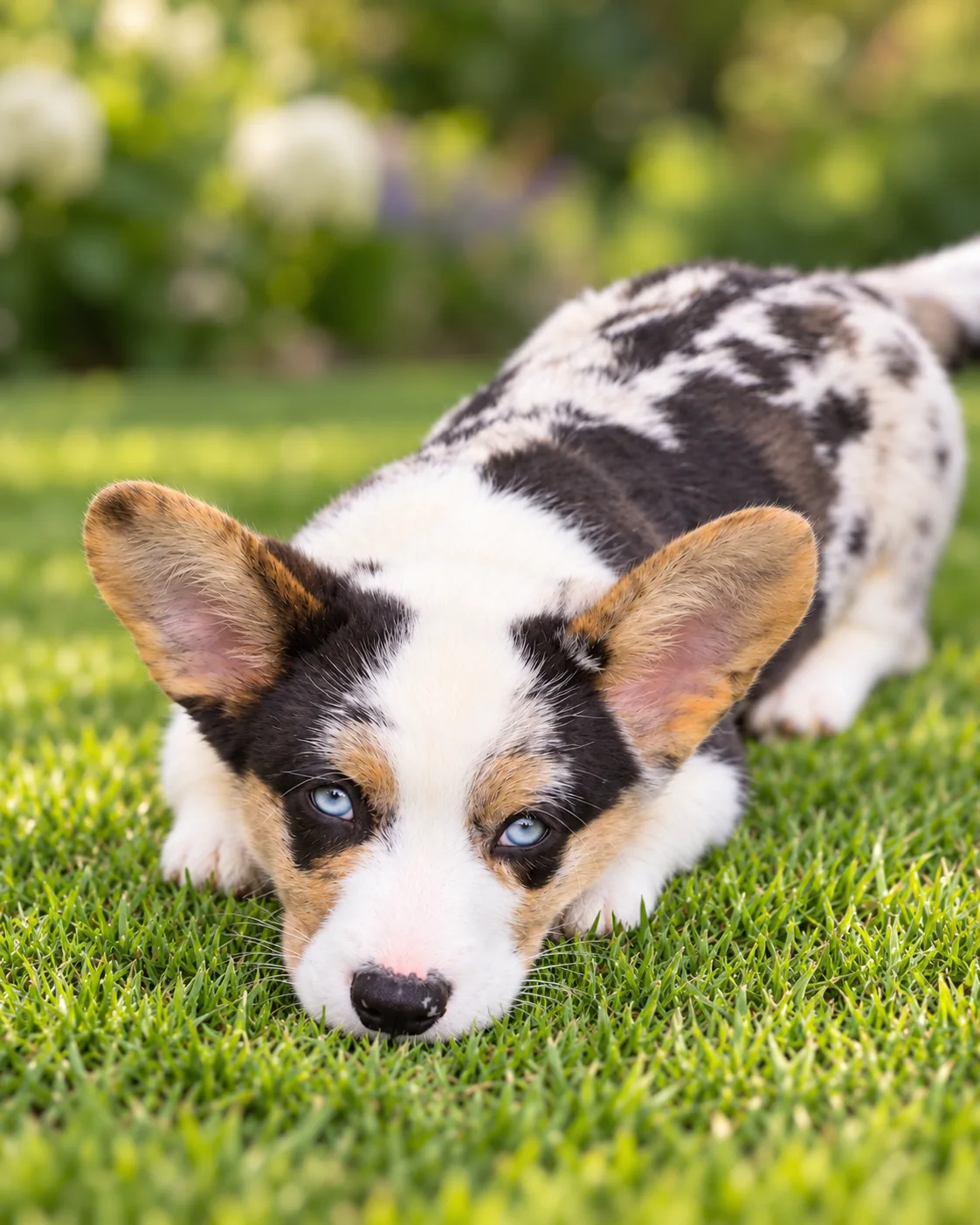 Cachorro corgi de pelaje moteado recostado sobre el pasto. Galería de octubre de 2026 de Von Konigin.