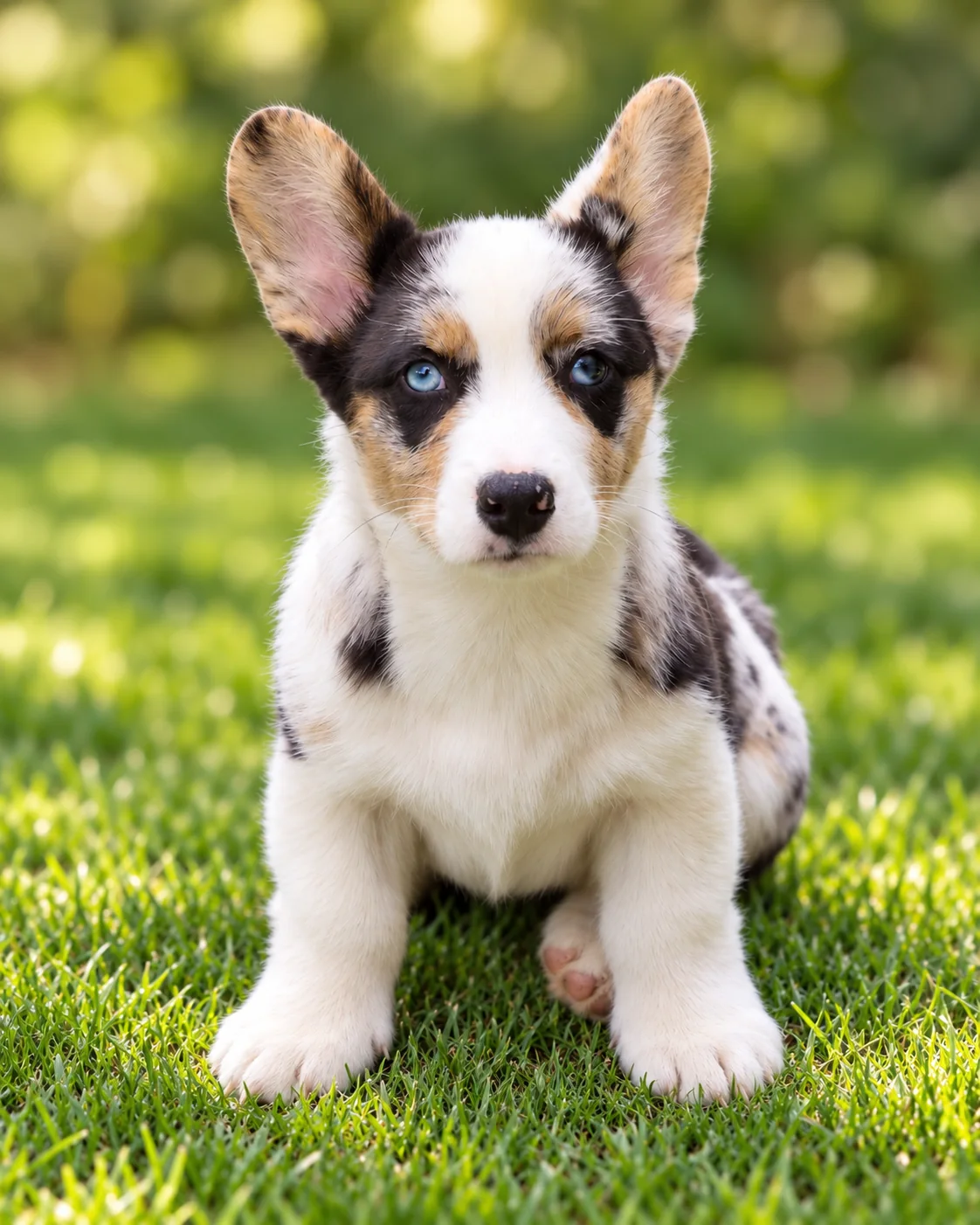 Cachorro corgi de pelaje moteado sentado en el jardín. Galería de octubre de 2026 de Von Konigin.