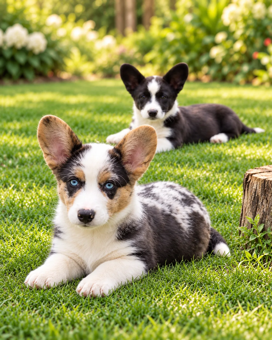 Dos cachorros corgi descansando en el césped del jardín. Galería de octubre de 2026 de Von Konigin.