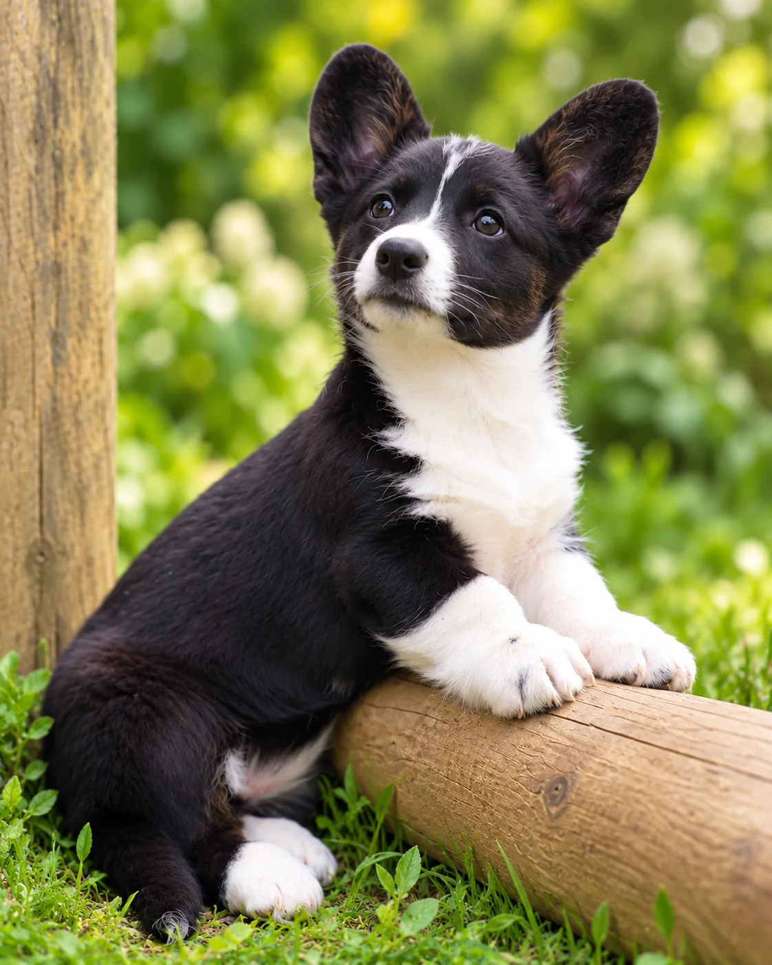 Cachorro corgi negro y blanco con las patas sobre una cerca. Galería de octubre de 2026 de Von Konigin.