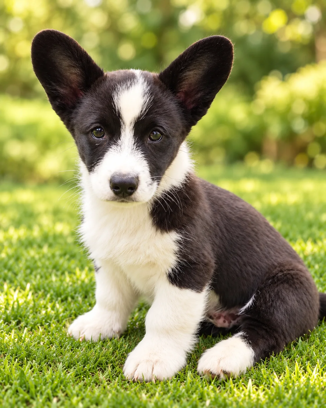 Retrato de un cachorro corgi negro y blanco sobre el césped. Galería de octubre de 2026 de Von Konigin.