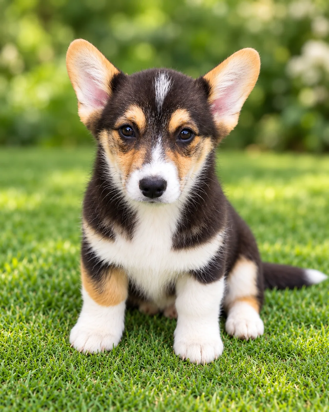 Retrato frontal de un cachorro corgi tricolor en el jardín. Galería de octubre de 2026 de Von Konigin.