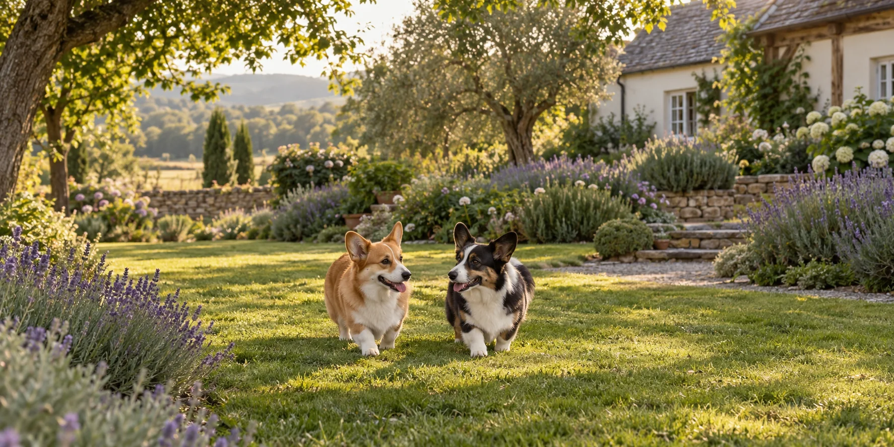 Corgis y jardín, imagen de ambientación ilustrativa
